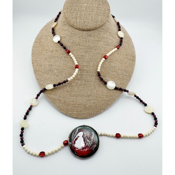 Vintage Handmade Enamel Sterling Silver Artisan Mother of Pearl Bead Necklace - Picture 3 of 14